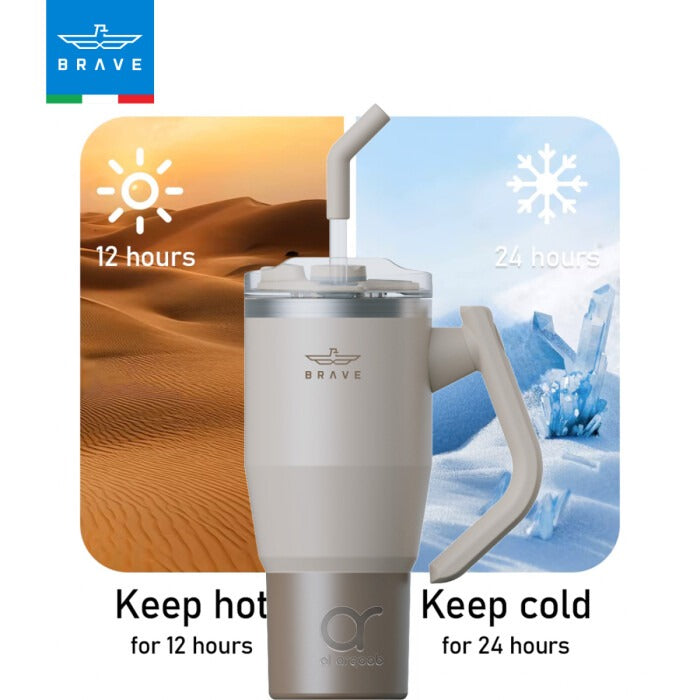 Brave Temp Guard Vacuum Insulated Travel Mug – 180° Rotating Handle, 24H Cold & 12H Hot Retention, Leak-Proof Lids, 950ml – Beige [S] - مطارة حافظة للحرارة  والبرودة