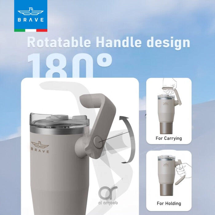 Brave Temp Guard Vacuum Insulated Travel Mug – 180° Rotating Handle, 24H Cold & 12H Hot Retention, Leak-Proof Lids, 950ml – Beige [S] - مطارة حافظة للحرارة  والبرودة
