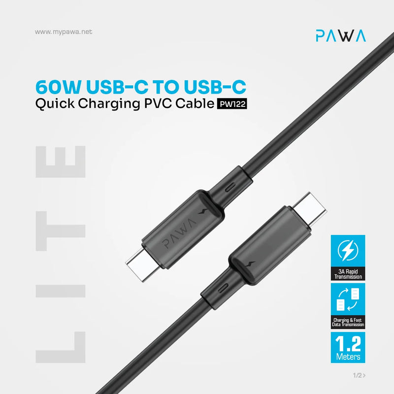 Pawa 3A USB-C TO USB-C Quick Charging - 1.2m - Black -  سلك شحن - باوا - تايب سي الي  تايب سي - طول 1.2 متر - قوة 60 واط - كفالة 12 شهر