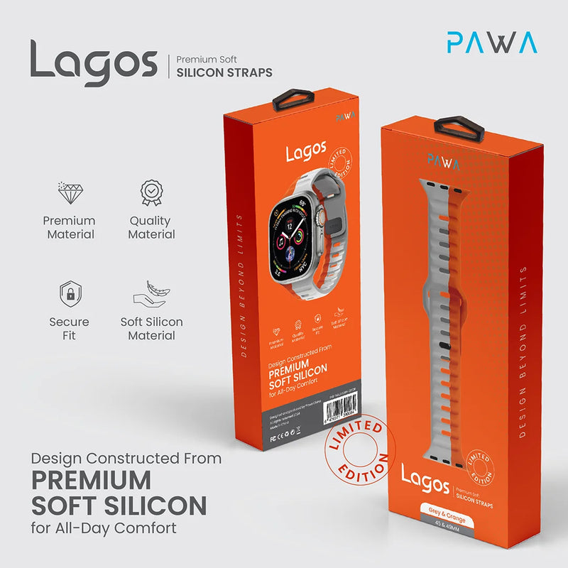 PAWA - Lagos Premium Soft Silicon Straps - Grey & Orange - سير ساعه أبل واتش