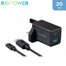RAVPower 20W 2-Ports Wall Charger Combo - Black - شاحن حائط - تايب سي - راف باور - 20 واط + سلك شحن أيفون - خاصية الشحن السريع - كفالة 12 شهر