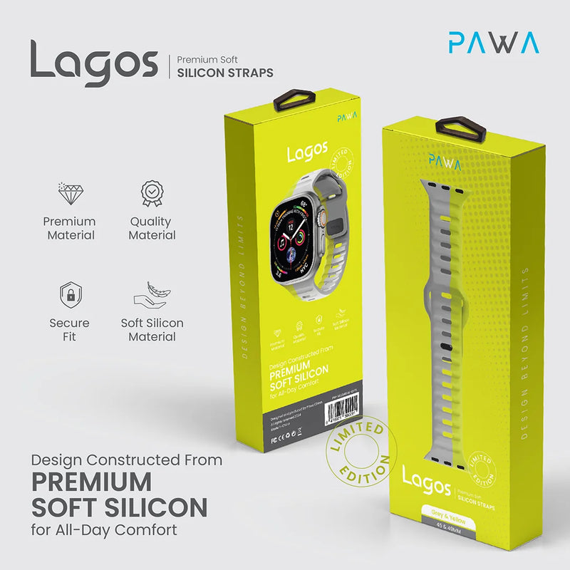 PAWA - Lagos Premium Soft Silicon Straps - Grey & Yellow - سير ساعه أبل واتش