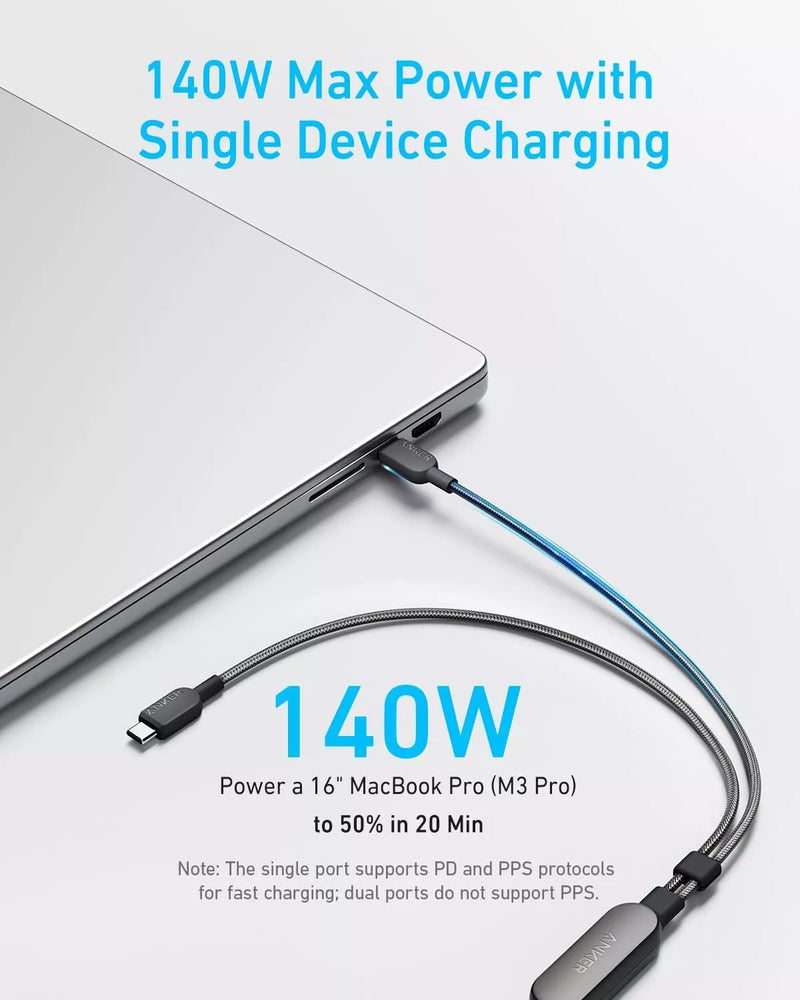 Anker 2-in-1 USB C to USB C Cable 140W Max Fast Charging 4ft Braided Nylon Cord [D] - كيبل شحن 2 في 1 - انكر - قوة 140 واط - كفالة 18 شهر