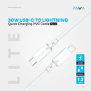 PAWA 3A USB-C TO Lightning Quick Charging - 1.2m - White - سلك شحن - باوا - ايفون تايب سي - طول 1.2 متر - كفالة 12 شهر
