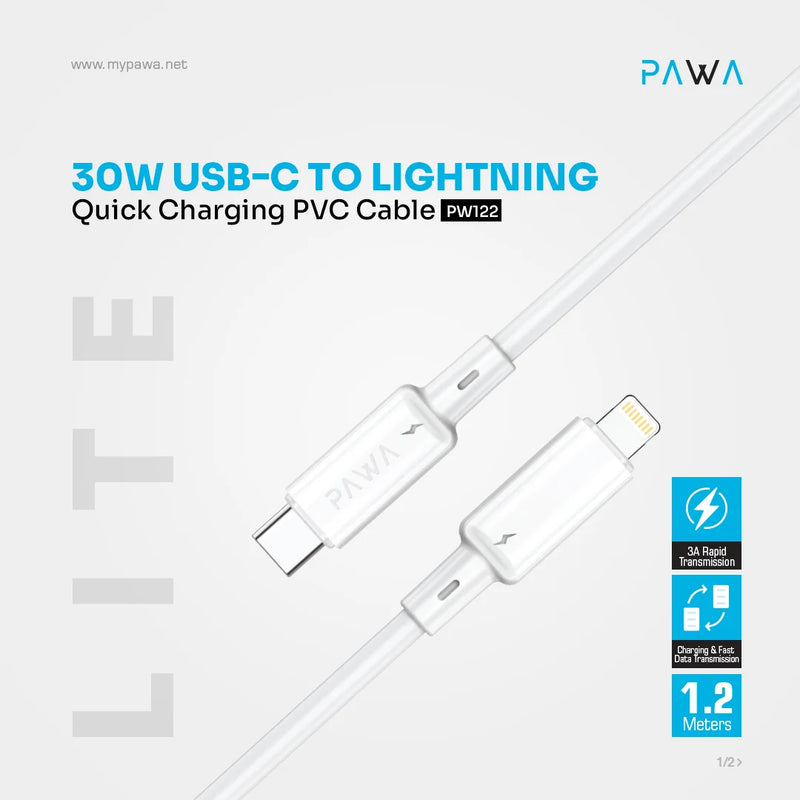 Pawa 3A USB-C TO Lightning Quick Charging - 1.2m - White - سلك شحن - باوا - ايفون تايب سي - طول 1.2 متر - كفالة 12 شهر