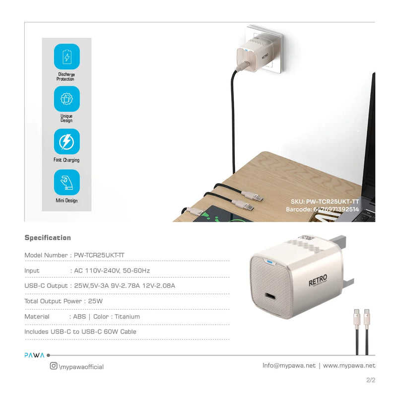 PAWA Retro PD25W Only PD Port UK Charger With USB-C to USB-C Cable - Titanium - بلاك شاحن حائط + سلك شحن تايب سي - 25 واط - باوا - كفالة 12 شهر