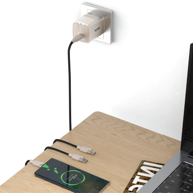 PAWA Retro PD25W Only PD Port UK Charger With USB-C to USB-C Cable - Titanium - بلاك شاحن حائط + سلك شحن تايب سي - 25 واط - باوا - كفالة 12 شهر