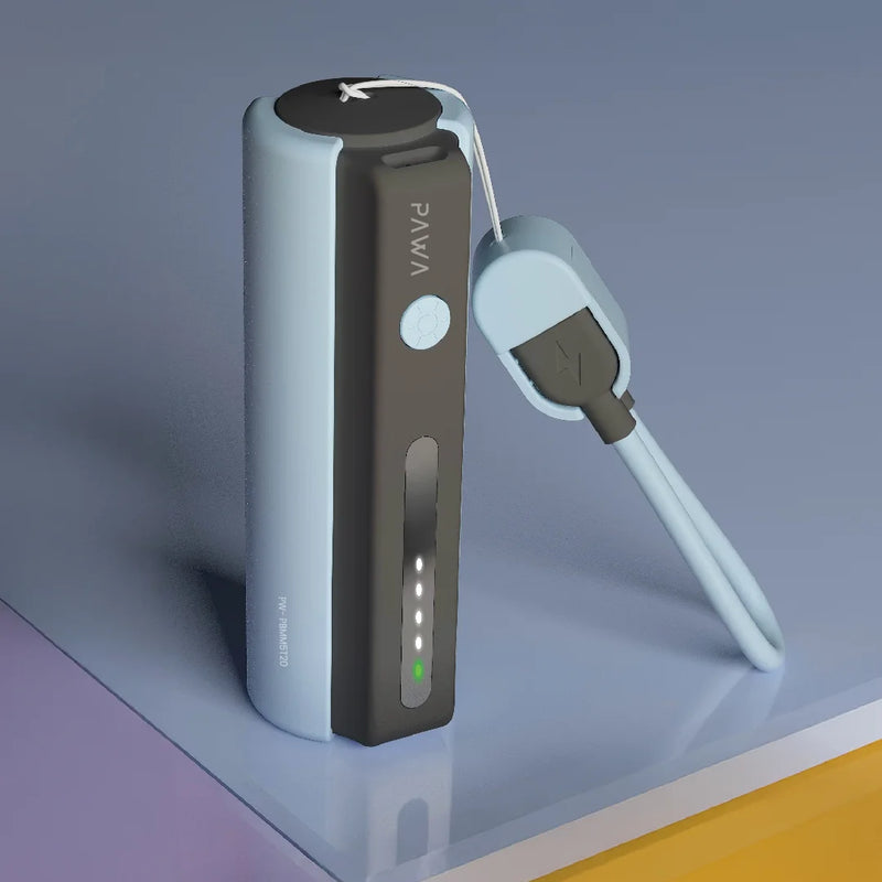 Pawa Micro Mini Powerbank with Torch and Lanyard cable Blue & Black [O] - بطارية متنقلة - باوا - سعة 5000 - سلك شاحن تايب سي + كشاف مضئ - كفالة 24 شهر