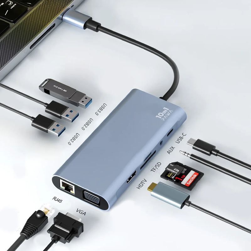 Pawa 10IN1 USB-C HUB WITH 4K HDTV & VGA [O] - وصلة تايب سي - 10 في 1 - لاجهزة الايباد برو والماك بوك - متعددة الاستخدام - كفالة 24 شهر