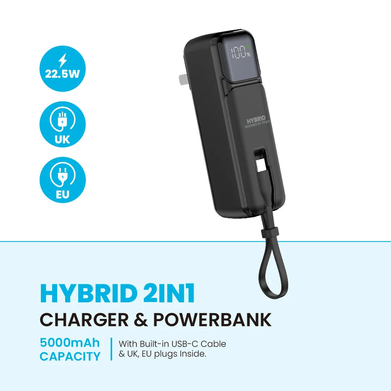 Pawa Hybrid 2in1 Charger & Powerbank - Black - شاحن حائط دولي -  2 في 1 - باور بانك سعة 5000 + سلك شحن تايب سي - شاشه رقمية - كفالة 24 شهر