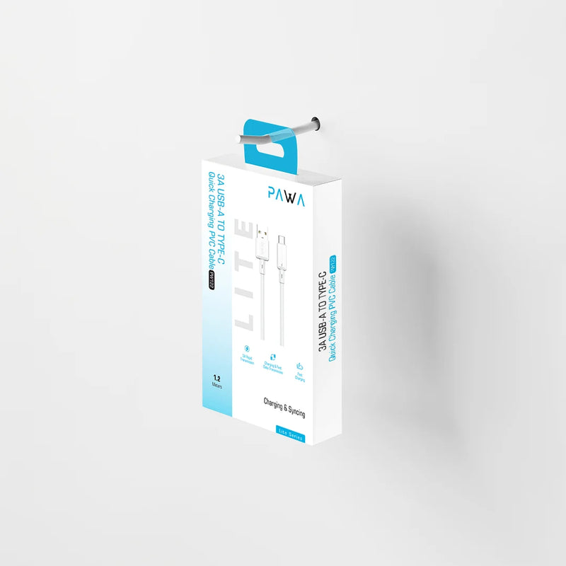 Pawa 3A USB-A TO TYPE C Quick Charging PVC Cable PW122 | White - سلك شحن تايب سي - باوا - طول 1.2 سم - كفالة 24 شهر