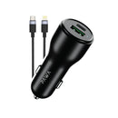 PAWA Car Charger Dual Port PD+QC Includes Braided USB-C to Lightning Cable 30W - شاحن سيارة + سلك شحن ايفون - باوا  - منفذ يو اس بي + تايب سي  - قوة 51 واط - كفالة 24 شهر