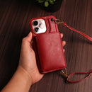 Red Leather Wallet Phone Case with Lanyard Strap - كفر حماية مع محفظة للبطاقات والفلوس وخيط علاقة