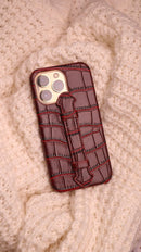 Wine Red Crocodile Leather Case with Grip - كفر جلد مع مسكة شريطة