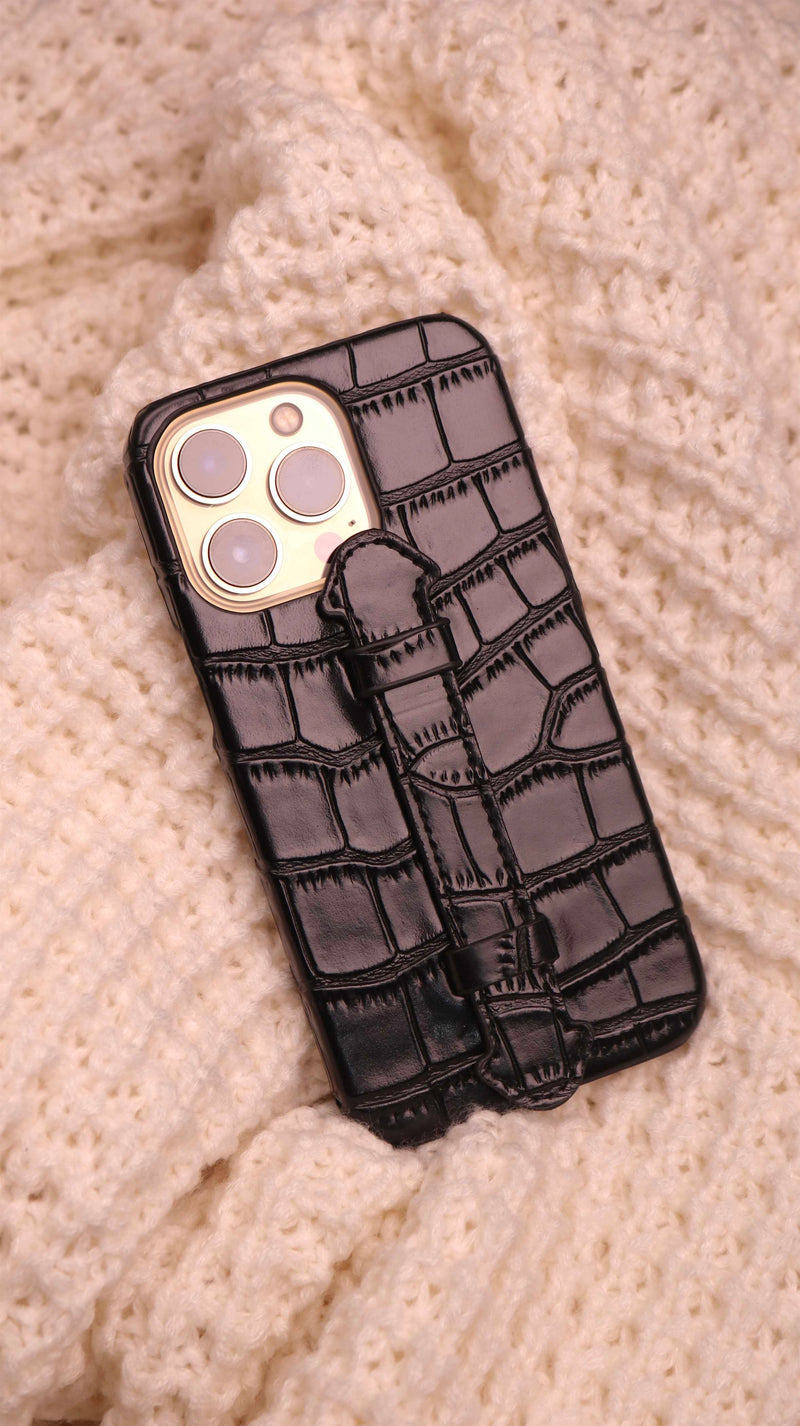 Black Crocodile Leather Case with Grip - كفر جلد مع مسكة شريطة