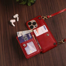 Red Leather Wallet Phone Case with Lanyard Strap - كفر حماية مع محفظة للبطاقات والفلوس وخيط علاقة
