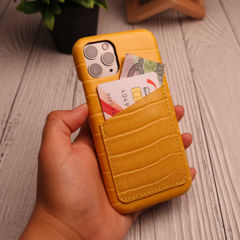 Yellow Crocodile leather Card Holder Phone Case - كفر جلد مع جيب للبطاقات بالخلف
