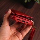 Red Leather Wallet Phone Case with Lanyard Strap - كفر حماية مع محفظة للبطاقات والفلوس وخيط علاقة