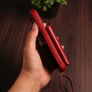 Red Leather Wallet Phone Case with Lanyard Strap - كفر حماية مع محفظة للبطاقات والفلوس وخيط علاقة