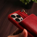 Red Leather Wallet Phone Case with Lanyard Strap - كفر حماية مع محفظة للبطاقات والفلوس وخيط علاقة