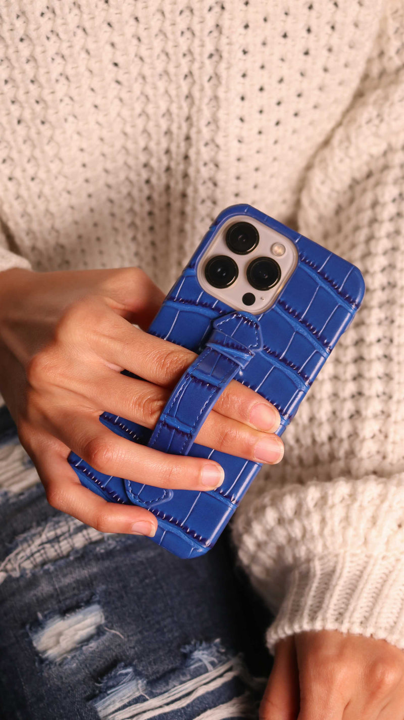 Blue Crocodile Leather Case with Grip - كفر جلد مع مسكة شريطة