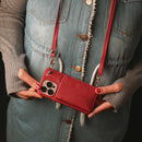 Red Leather Wallet Phone Case with Lanyard Strap - كفر حماية مع محفظة للبطاقات والفلوس وخيط علاقة