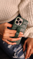 Green Crocodile Leather Case with Grip - كفر جلد مع مسكة شريطة