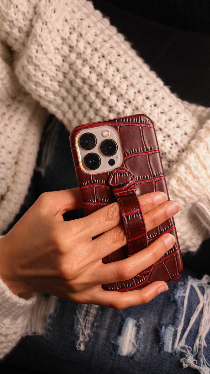 Wine Red Crocodile Leather Case with Grip - كفر جلد مع مسكة شريطة
