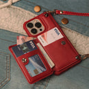 Red Leather Wallet Phone Case with Lanyard Strap - كفر حماية مع محفظة للبطاقات والفلوس وخيط علاقة