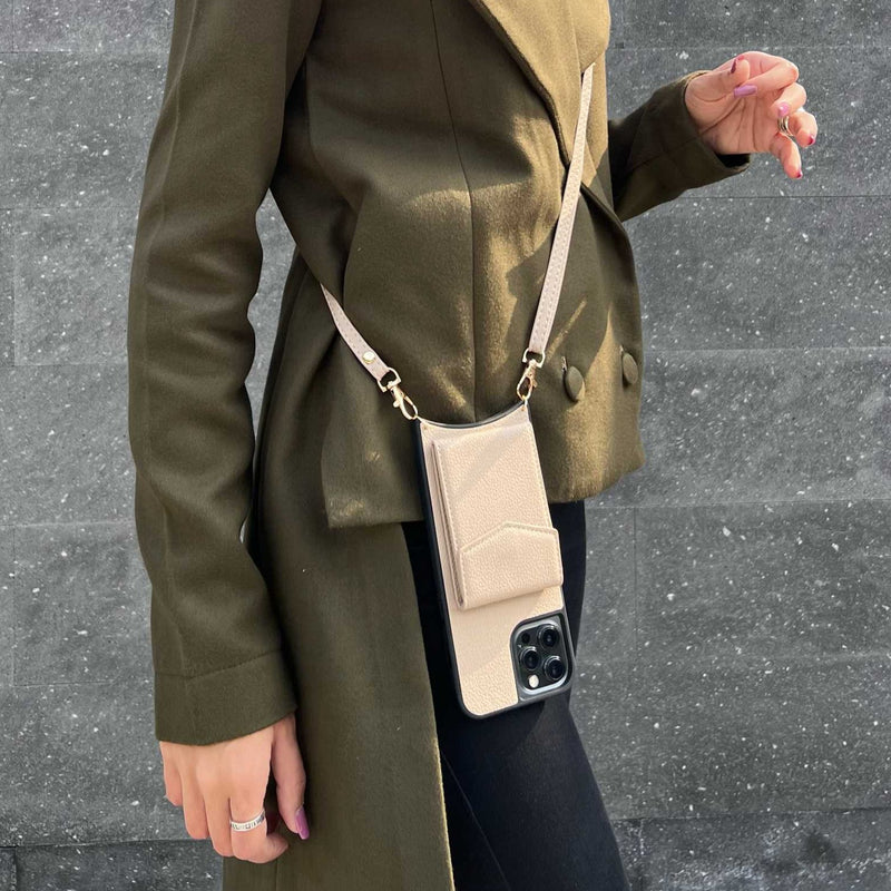 Brown Nude Leather Case with Mirror, Card Wallet and Strap Lanyard - كفر جلد مع محفظة للبطاقات ومرايا وخيط علاقة