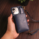 Dark Blue Leather Wallet Phone Case with Lanyard Strap - كفر حماية مع محفظة للبطاقات والفلوس وخيط علاقة