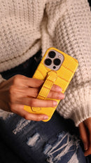Yellow Crocodile Leather Case with Grip - كفر جلد مع مسكة شريطة