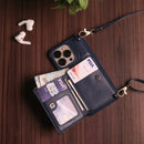 Dark Blue Leather Wallet Phone Case with Lanyard Strap - كفر حماية مع محفظة للبطاقات والفلوس وخيط علاقة
