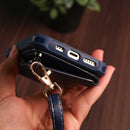 Dark Blue Leather Wallet Phone Case with Lanyard Strap - كفر حماية مع محفظة للبطاقات والفلوس وخيط علاقة