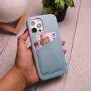 Light Blue Leather Case with Back Card Slot - كفر جلد مع محفظة للبطاقات والفلوس