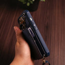 Dark Blue Leather Wallet Phone Case with Lanyard Strap - كفر حماية مع محفظة للبطاقات والفلوس وخيط علاقة