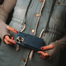 Dark Blue Leather Wallet Phone Case with Lanyard Strap - كفر حماية مع محفظة للبطاقات والفلوس وخيط علاقة