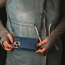 Dark Blue Leather Wallet Phone Case with Lanyard Strap - كفر حماية مع محفظة للبطاقات والفلوس وخيط علاقة