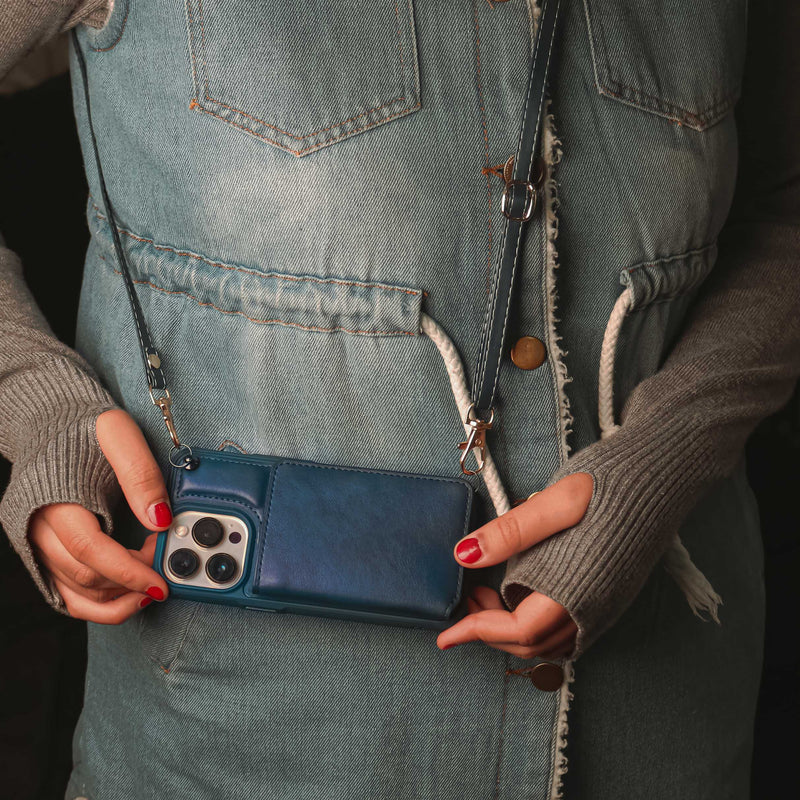 Dark Blue Leather Wallet Phone Case with Lanyard Strap - كفر حماية مع محفظة للبطاقات والفلوس وخيط علاقة