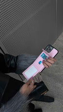 Pink Leather Case with Mirror, Card Wallet and Strap Lanyard - كفر جلد مع محفظة للبطاقات ومرايا وخيط علاقة