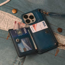 Dark Blue Leather Wallet Phone Case with Lanyard Strap - كفر حماية مع محفظة للبطاقات والفلوس وخيط علاقة