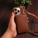 Brown Leather Wallet Phone Case with Lanyard Strap - كفر حماية مع محفظة للبطاقات والفلوس وخيط علاقة
