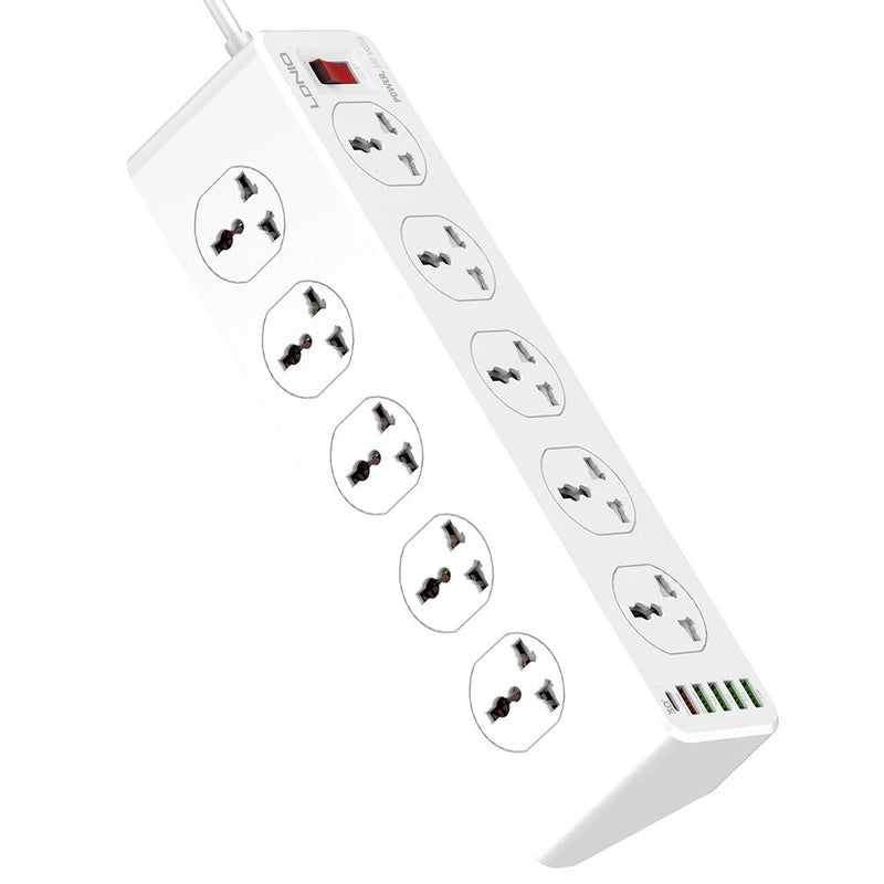 LDNIO Charger Power Strip With 10 Outlets - 30W - 6-Port USB Wall Charger Adapter - موزع شاحن حائط دولي - 10 مخارج كهرباء + 6 مخارج للشحن - قوة 30 واط - كفالة 12 شهر