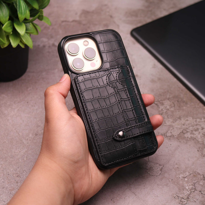 Crocodile Leather Case with Card Slot and Stand - Black -  كفر جلد مع محفظة للبطاقات والنقود وستاند
