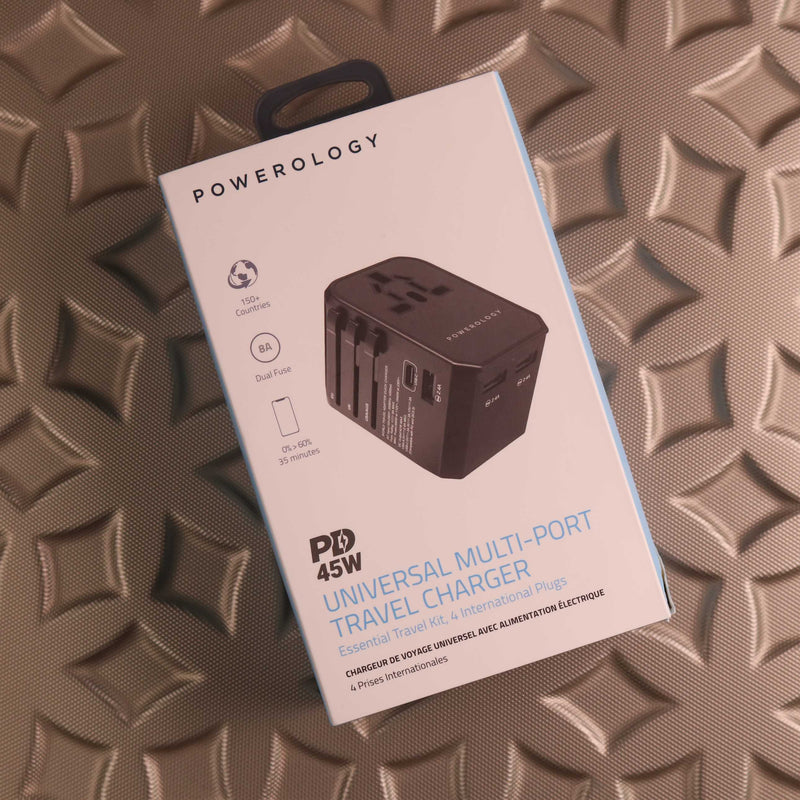 Powerology PD 45W Fast Charge + 2.4A USB Dual Output Universal Travel Adapter With 3 USB Ports - شاحن حائط دولي - باورلوجي - قوة 45 واط - 4 منافذ للشحن - 3 منافذ يو اس بي - 1 منفذ تايب سي - كفالة 24 شهر