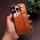Light Brown Leather Case with Card Slot and Strap Grip - كفر ومحفظة ومسكة وستاند