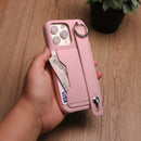 Leather Case with Card Slot and Wrist Strap - Pink - كفر مع محفظة للبطاقات ومسكة شريطة وستاند