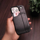 Black Leather Case with Card Slot and Strap Grip - كفر ومحفظة ومسكة وستاند