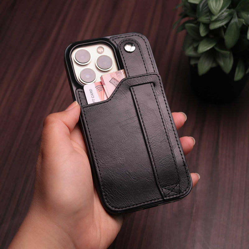 Black Leather Case with Card Slot and Strap Grip - كفر ومحفظة ومسكة وستاند