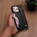 Leather Case with Card Slot and Wrist Strap - Black - كفر مع محفظة للبطاقات ومسكة شريطة وستاند